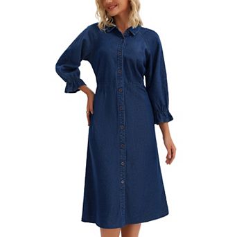 Women Denim Dresses Midi Casual Ruffle Long Sleeve Jean Button Down Shirt Dress