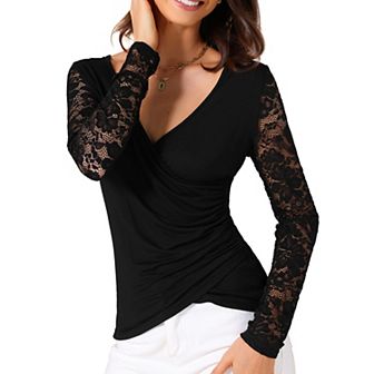 Women's Deep V Neck Fitted Cross Wrap Ruched Floral Lace Long Sleeve Casual Tops Blouses