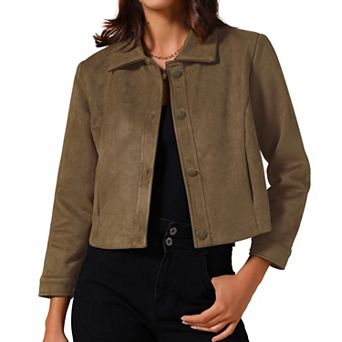 Women's Faux Suede Collared Vintage Long Sleeve Button Down Crop Jacket