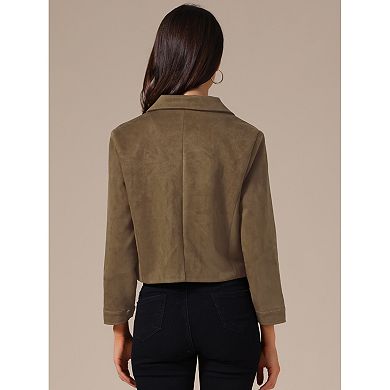 Women's Faux Suede Collared Vintage Long Sleeve Button Down Crop Jacket