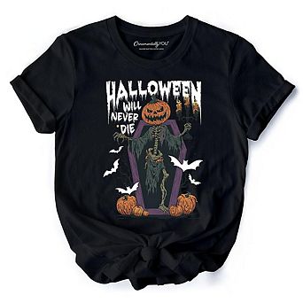 Halloween Will Never T-Shirt, Vintage Pumpkin Coffin Skeleton Tee