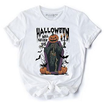 Halloween Will Never T-Shirt, Vintage Pumpkin Coffin Skeleton Tee
