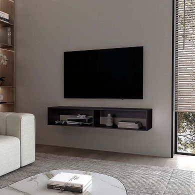 Central Floating Media Rack in Melamine With Two Shelves, Wengue
