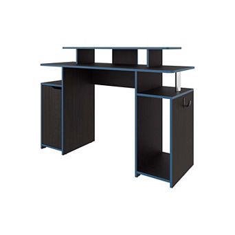 Lol Minimalist Gaming Desk with Elevated Monitor Shelf, Blue Accents