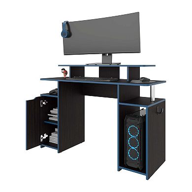 Lol Minimalist Gaming Desk with Elevated Monitor Shelf, Blue Accents