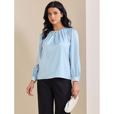 Women's Elegant Work Blouse Pearl Decor Ruched Crew Neck Dressy Office Shirt Top