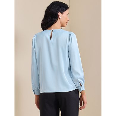 Women's Elegant Work Blouse Pearl Decor Ruched Crew Neck Dressy Office Shirt Top