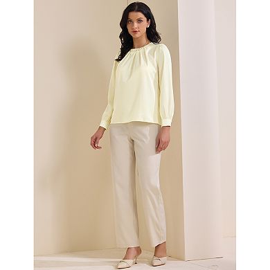 Women's Elegant Work Blouse Pearl Decor Ruched Crew Neck Dressy Office Shirt Top