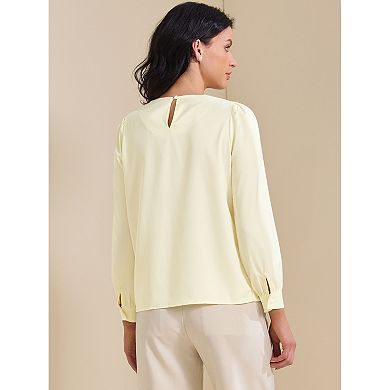 Women's Elegant Work Blouse Pearl Decor Ruched Crew Neck Dressy Office Shirt Top
