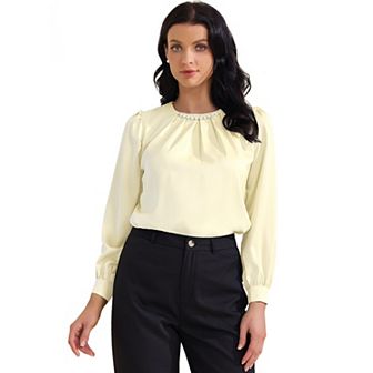 Women's Elegant Work Blouse Pearl Decor Ruched Crew Neck Dressy Office Shirt Top