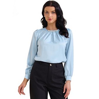 Women's Elegant Work Blouse Pearl Decor Ruched Crew Neck Dressy Office Shirt Top