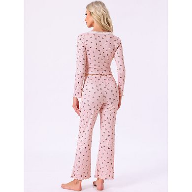 Women's Pajama Sets Cherry Print Ruffled V-Neck Long Sleeve Top and Pants 2 Piece Loungewear