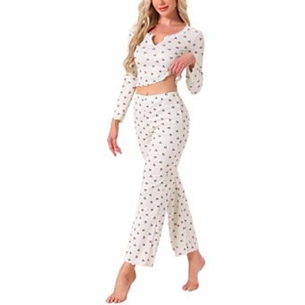 Women's Pajama Sets Cherry Print Ruffled V-Neck Long Sleeve Top and Pants 2 pc Loungewear