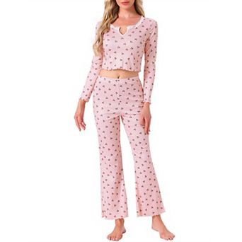 Women's Pajama Sets Cherry Print Ruffled V-Neck Long Sleeve Top and Pants 2 pc Loungewear