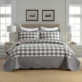 MarCielo 3 pc Grey And White Checkered Pattern Quilted Bedspread Set