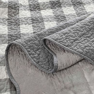 MarCielo 3-Pieces Grey And White Checkered Pattern Quilted Bedspread Set