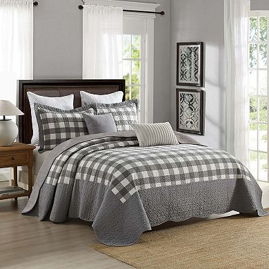 MarCielo 3-Pieces Grey And White Checkered Pattern Quilted Bedspread Set
