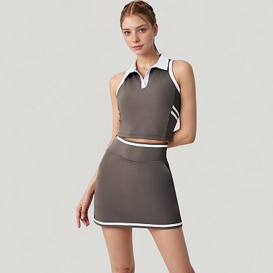 Women's Sleeveless Cropped Polo Top with Contrast Collar and Side Stripe Detail