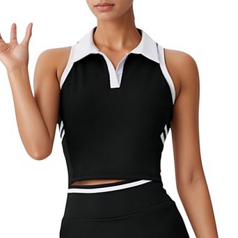 Women's Sleeveless Cropped Polo Top with Contrast Collar and Side Stripe Detail