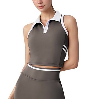 Women's Sleeveless Cropped Polo Top with Contrast Collar and Side Stripe Detail