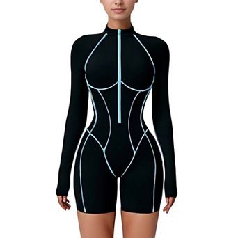 Women's Long Sleeve Zip Front Active Romper with Neon Piping and Contoured Seams