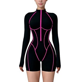 Women's Long Sleeve Zip Front Active Romper with Neon Piping and Contoured Seams
