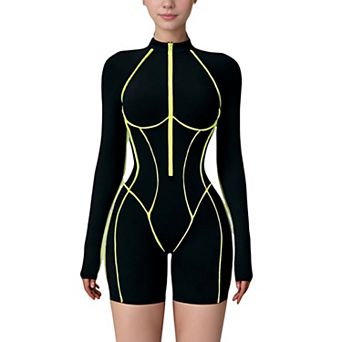Women's Long Sleeve Zip Front Active Romper with Neon Piping and Contoured Seams