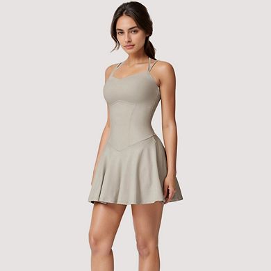 Women's Strappy Athletic Dress with Built-In Shorts and Side Pocket Supportive Fit Stretch Fabric
