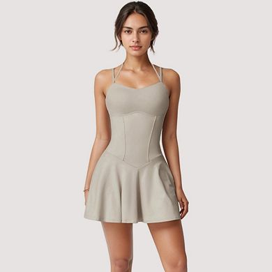 Women's Strappy Athletic Dress with Built-In Shorts and Side Pocket Supportive Fit Stretch Fabric