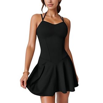 Women's Strappy Athletic Dress with Built-In Shorts and Side Pocket Supportive Fit Stretch Fabric