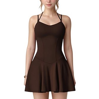 Women's Strappy Athletic Dress with Built-In Shorts and Side Pocket Supportive Fit Stretch Fabric