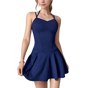 Women's Strappy Athletic Dress with Built-In Shorts and Side Pocket Supportive Fit Stretch Fabric