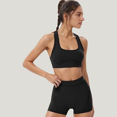 Women's Scoop Neck Racerback Sports Bra with Wide Straps and Seamless Underbust Design