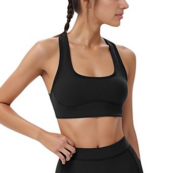 Women's Scoop Neck Racerback Sports Bra with Wide Straps and Seamless Underbust Design