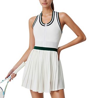 Women's Sleeveless Tennis Dress with Zip Front Contrast Trim Neckline and Pleated Skirt