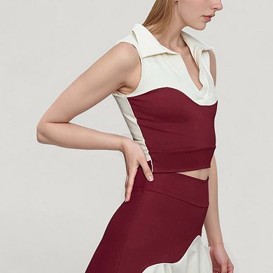 Women's Sleeveless Colorblock Cropped Top with Collared Neckline and Sculpted Contrast Design