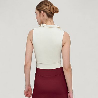 Women's Sleeveless Colorblock Cropped Top with Collared Neckline and Sculpted Contrast Design
