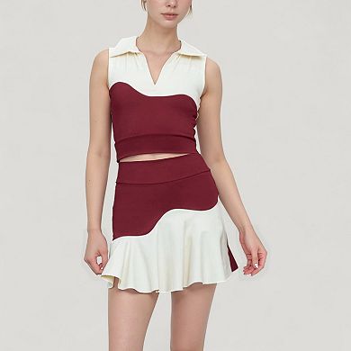 Women's Sleeveless Colorblock Cropped Top with Collared Neckline and Sculpted Contrast Design
