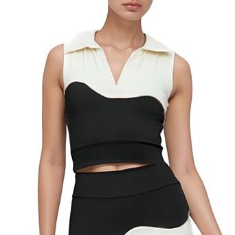 Women's Sleeveless Colorblock Cropped Top with Collared Neckline and Sculpted Contrast Design