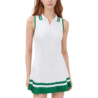 Women's Sleeveless Tennis Dress with Zip Front Contrast Trim Collar and Colorblock Pleated Skirt
