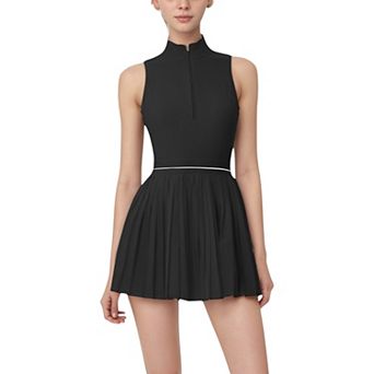 Women's Sleeveless Zip Front High Neck Tennis Dress with Pleated Skirt and Contrast Waist Trim