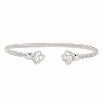 Juvell 18k White Gold Plated Cubic Zirconia Clover Cuff Bangle Bracelet
