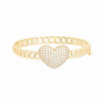 Juvell 18k Gold Plated Cubic Zirconia Heart Cuban Chain Bangle Bracelet