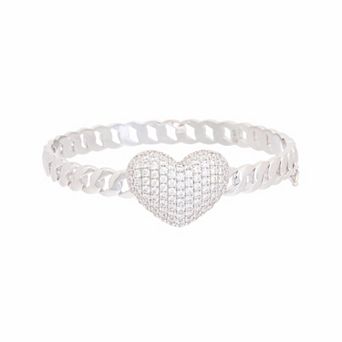 Juvell 18k White Gold Plated Cubic Zirconia Heart Cuban Chain Bangle Bracelet