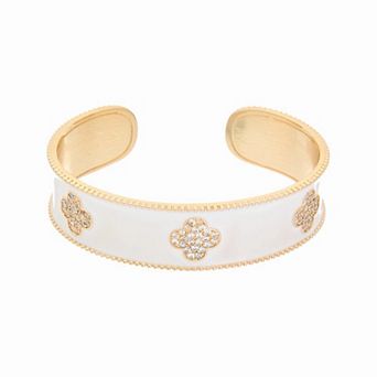 Juvell 18k Gold Plated Cubic Zirconia & White Enamel Clover Bangle Bracelet