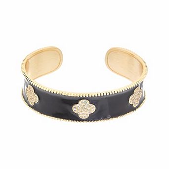 Juvell 18k Gold Plated Cubic Zirconia & Black Enamel Clover Bangle Bracelet