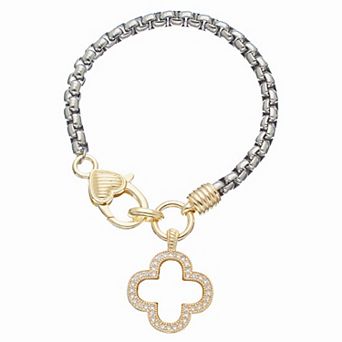 Juvell Two Tone 18k Gold Plated Cubic Zirconia & Mother of Pearl Bangle Bracelet