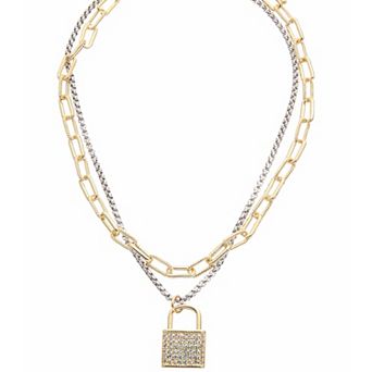 Juvell Two Tone Cubic Zirconia Link Chain Lock Pendant Necklace