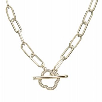 Juvell 18k White Gold Plated Cubic Zirconia Link Chain Clover Toggle Pendant Closure Necklace
