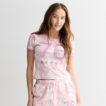 Juniors' SO® Pink Camouflage Sporty Graphic Baby Tee